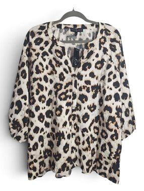 Fred David Leopard Blouse Button Up Neutral Flowy Lightweight 2X Womens